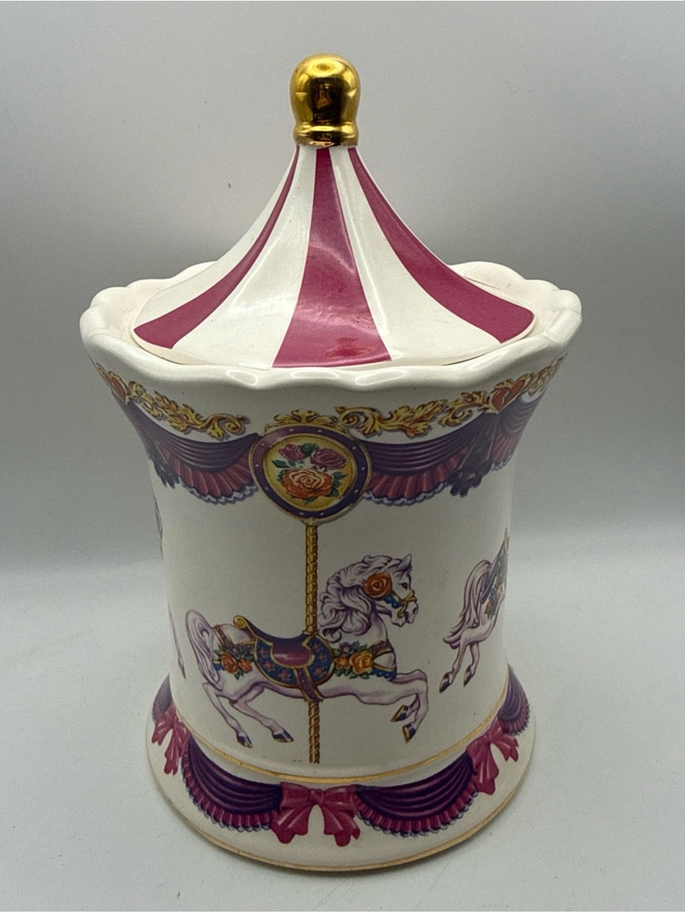 Horse Carousel Waltz MUSIC BOX Planter/Candy Dish w/Lid Holder VTG